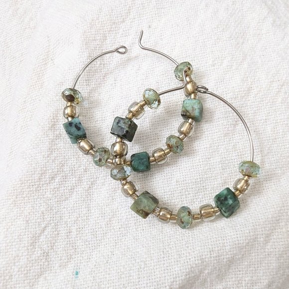 Hand Crafted Jewelry - African Turquoise and Olive Green Glass Hand Crafted Steel Hoop Earrings